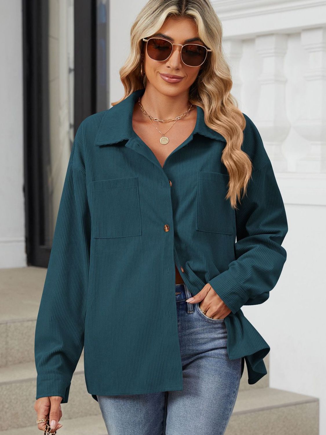 Button Up Dropped Shoulder Long Sleeve Outerwear-Angel Casuals