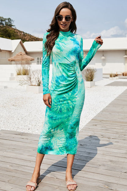 Tie Dye Mock Neck Long Sleeve Dress-Angel Casuals