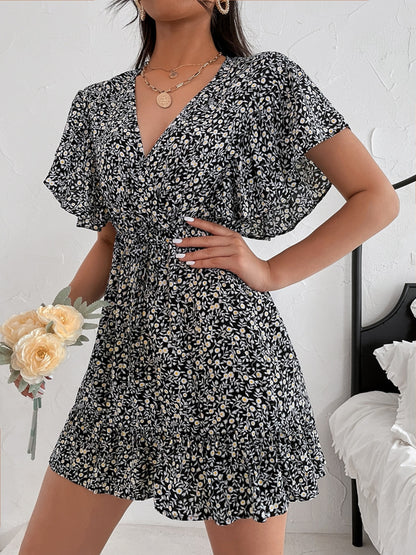 Cutout Ditsy Floral Surplice Flounce Sleeve Dress-Angel Casuals