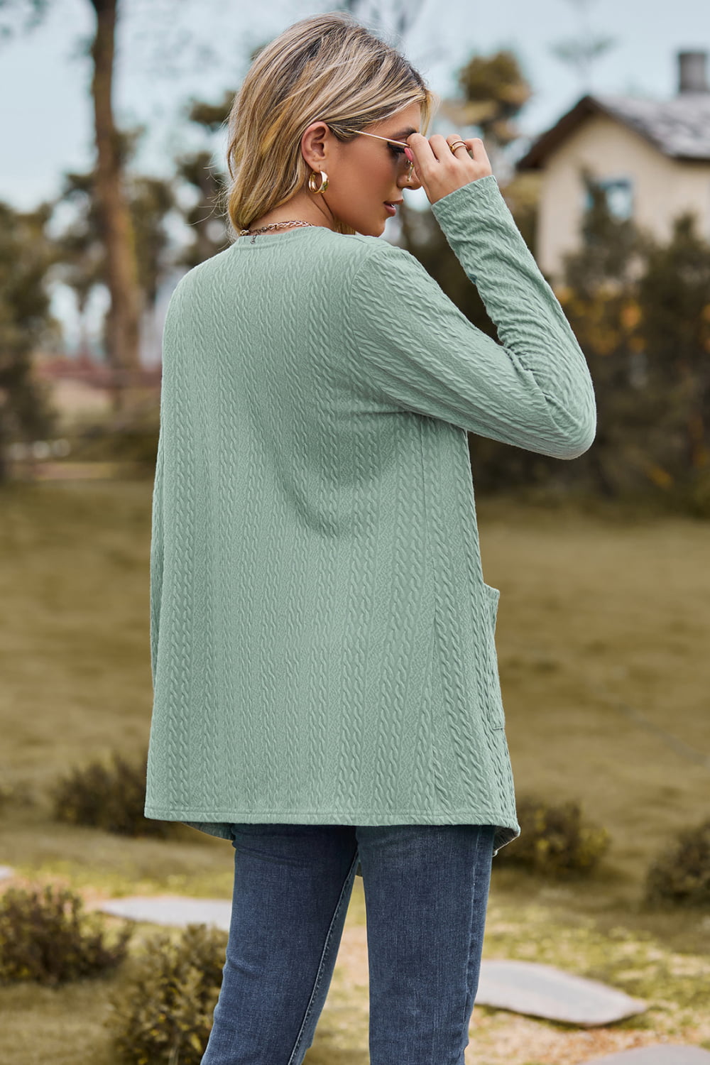 Cable-Knit Long Sleeve Cardigan with Pocket-Angel Casuals