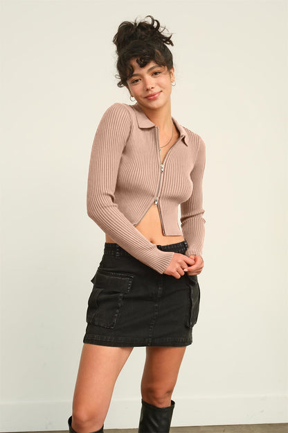 HYFVE Ribbed Double Zip Cropped Cardigan-Angel Casuals