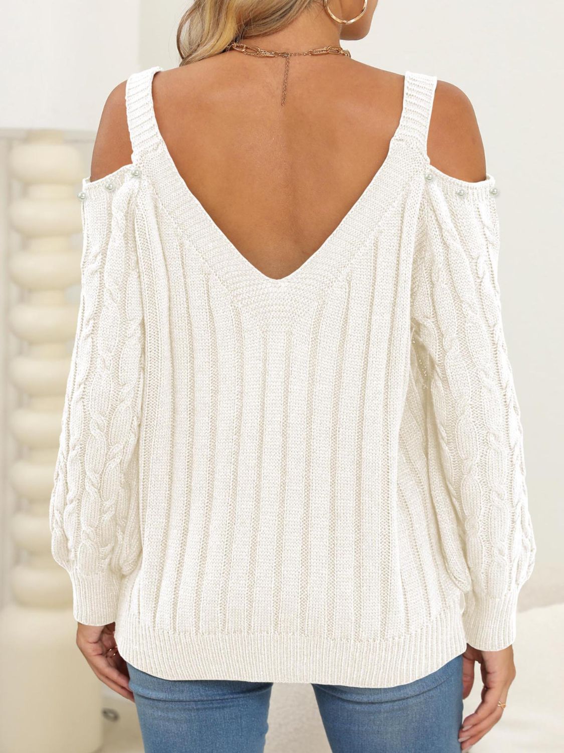 Cable-Knit Cold Shoulder Sweater-Angel Casuals