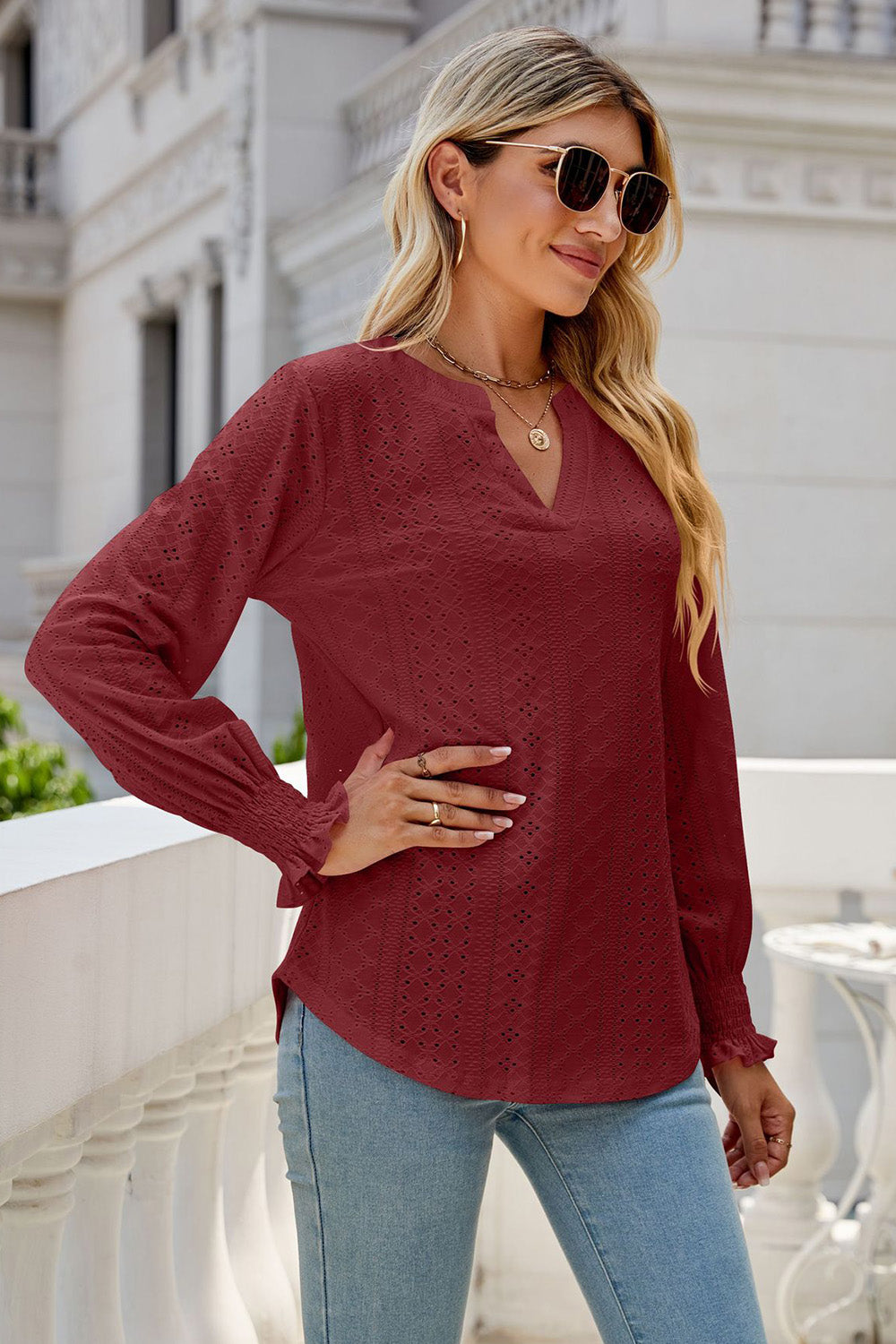 Eyelet Notched Lantern Sleeve T-Shirt-Angel Casuals