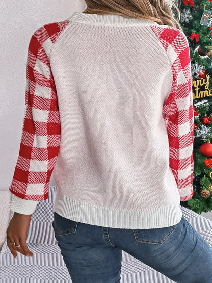 Reindeer Plaid Round Neck Long Sleeve Sweater-Angel Casuals