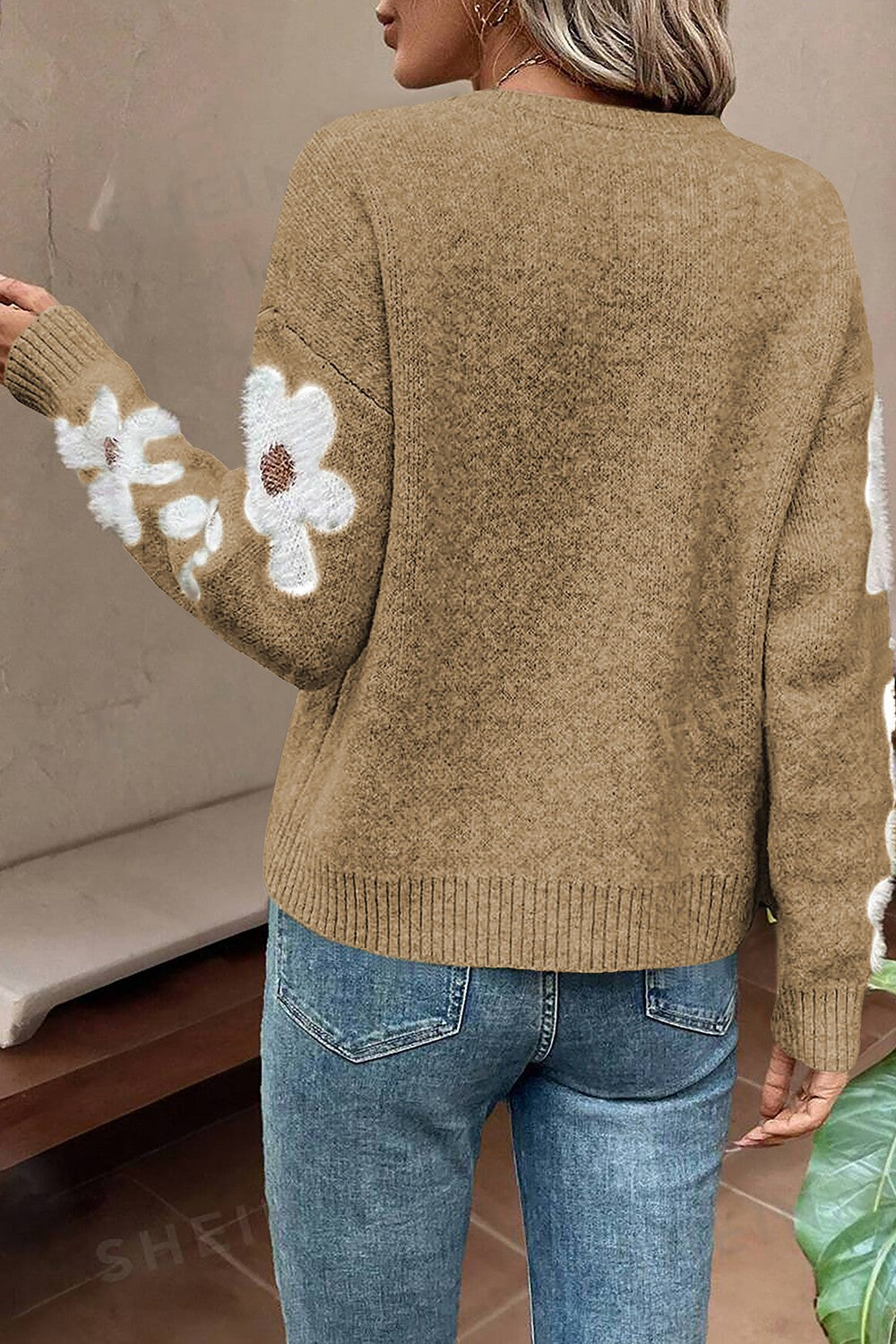 Flower Round Neck Long Sleeve Sweater-Angel Casuals