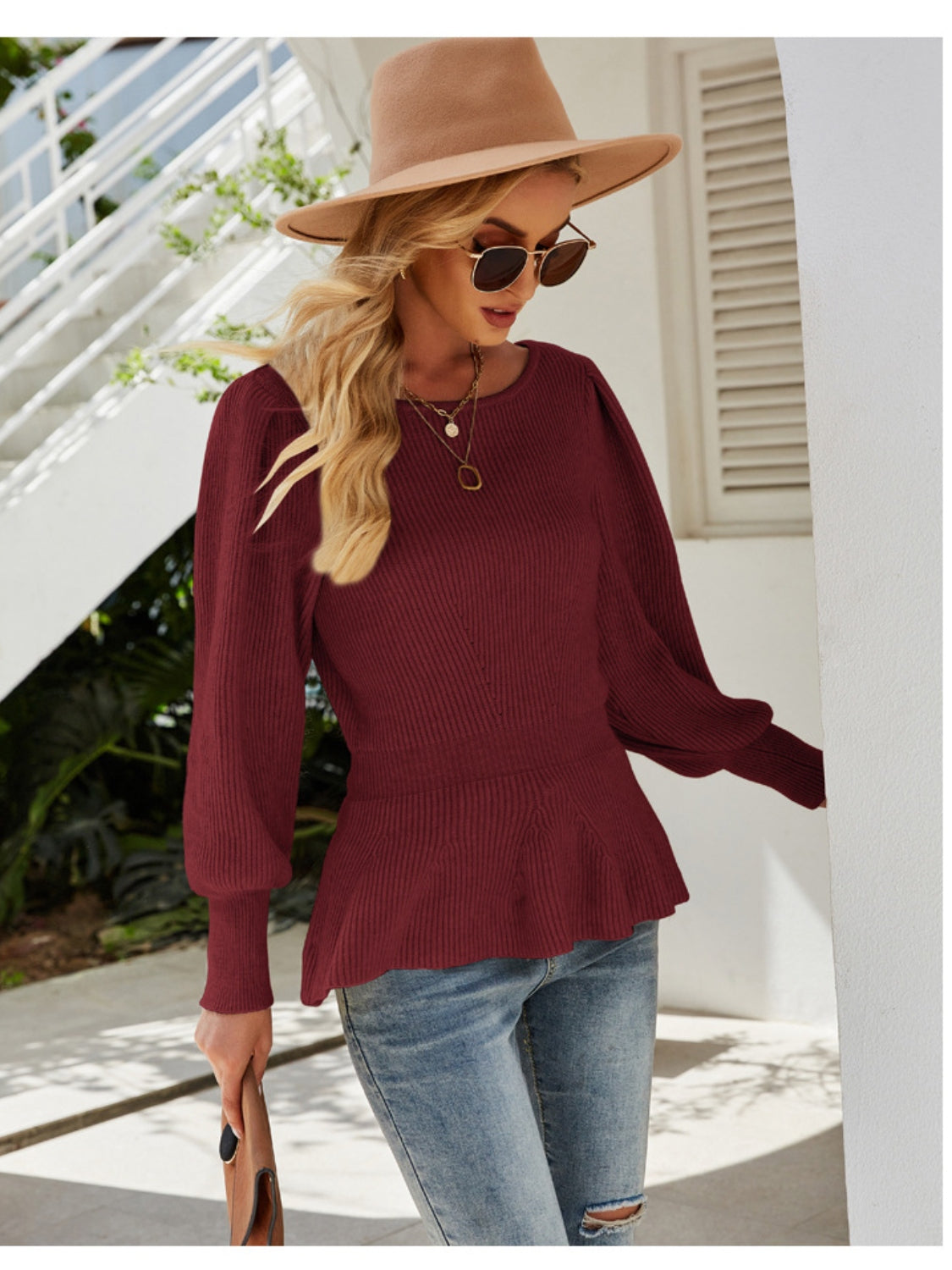 Ribbed Round Neck Lantern Sleeve Sweater-Angel Casuals