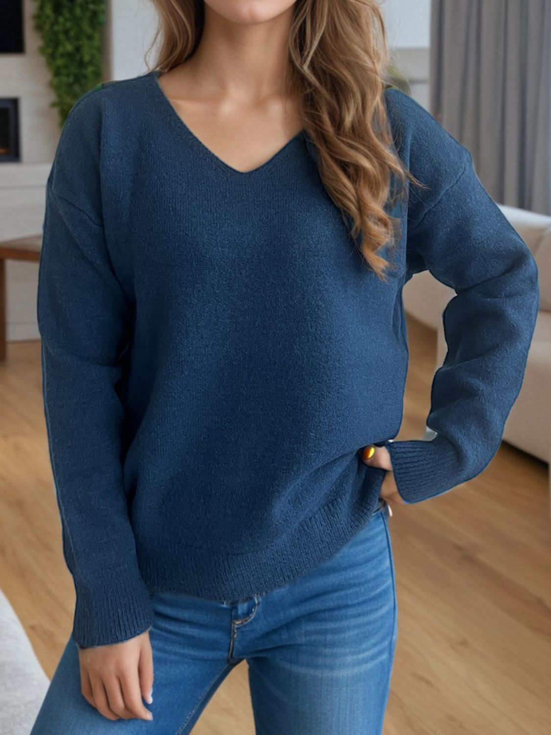 V-Neck Dropped Shoulder Long Sleeve Sweater-Angel Casuals