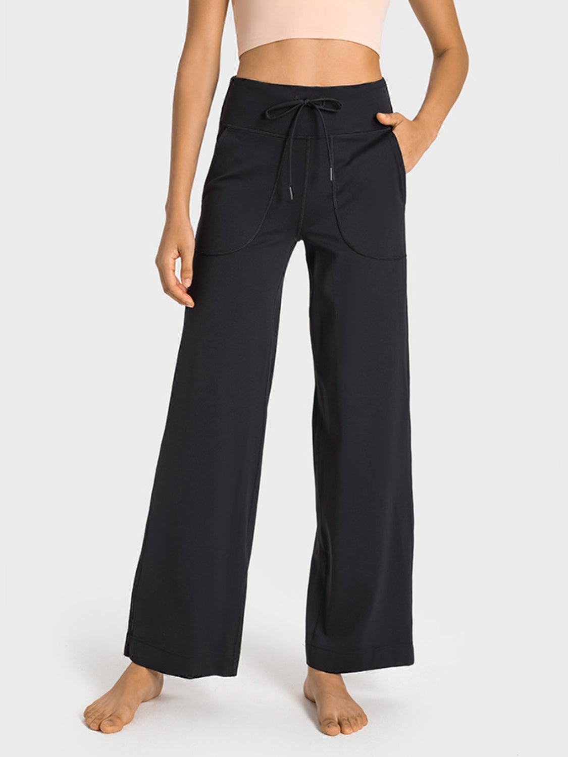 Drawstring Waist Wide Leg Sports Pants with Pockets-Angel Casuals