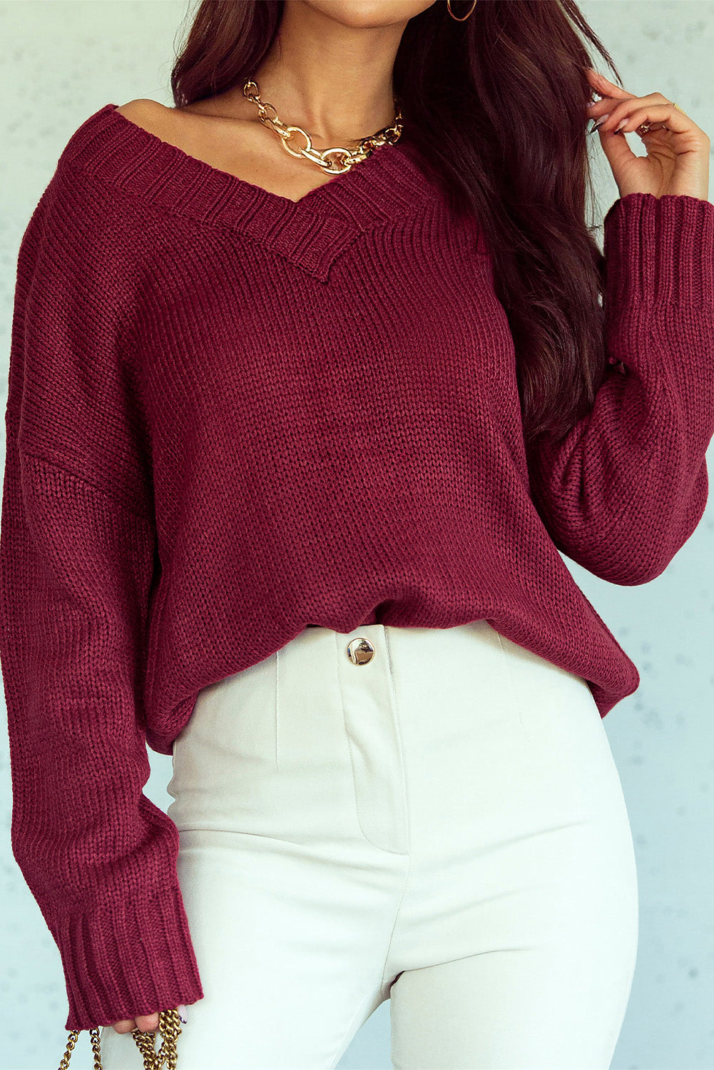 V-Neck Dropped Shoulder Sweater-Angel Casuals