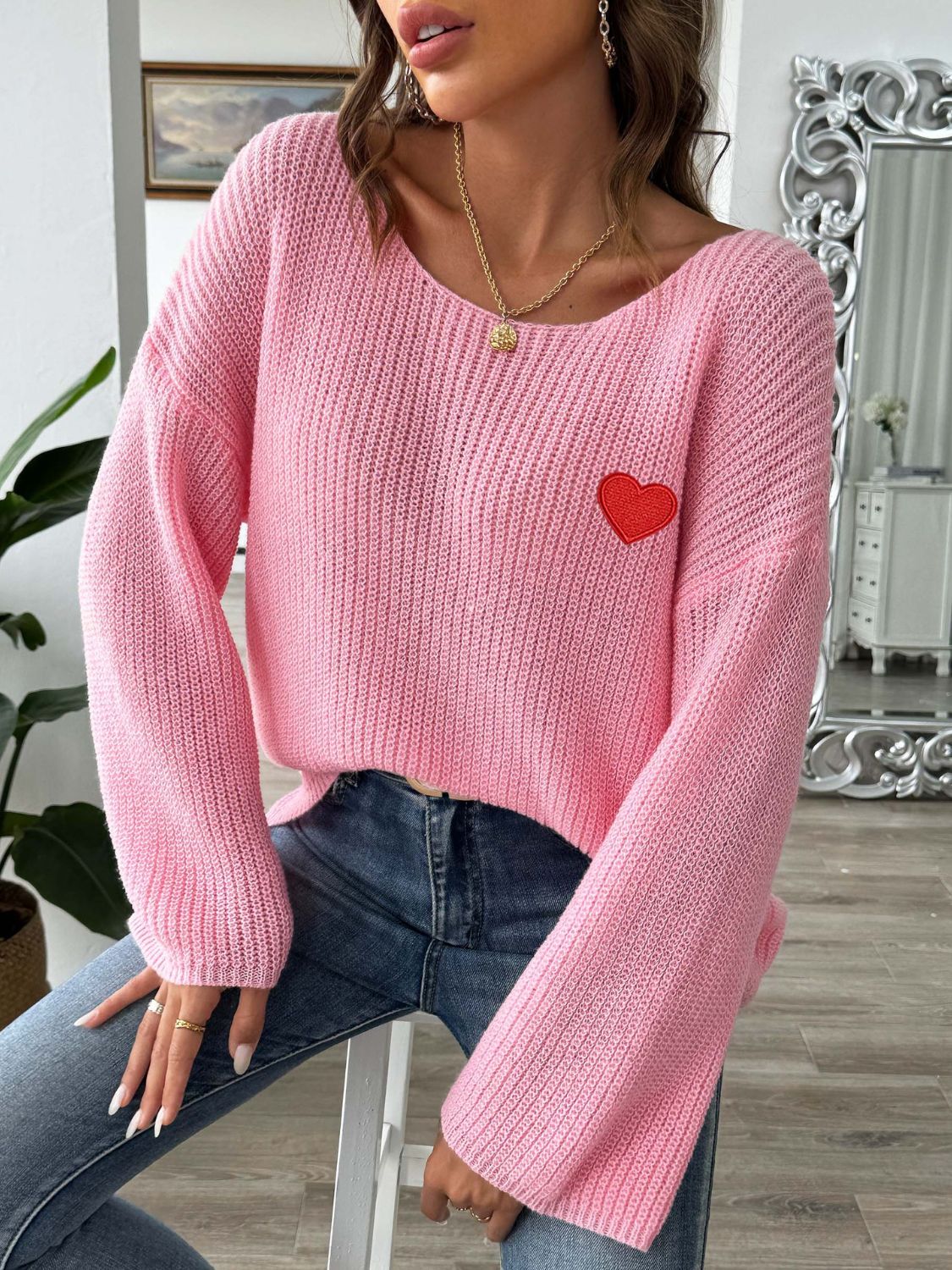 Heart Boat Neck Dropped Shoulder Sweater-Angel Casuals