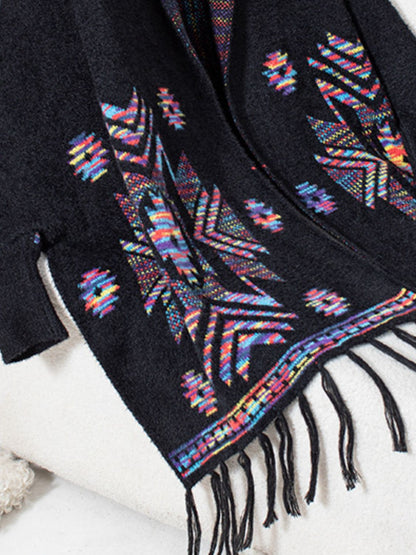 Fringe Geometric Open Front Long Sleeve Cape-Angel Casuals