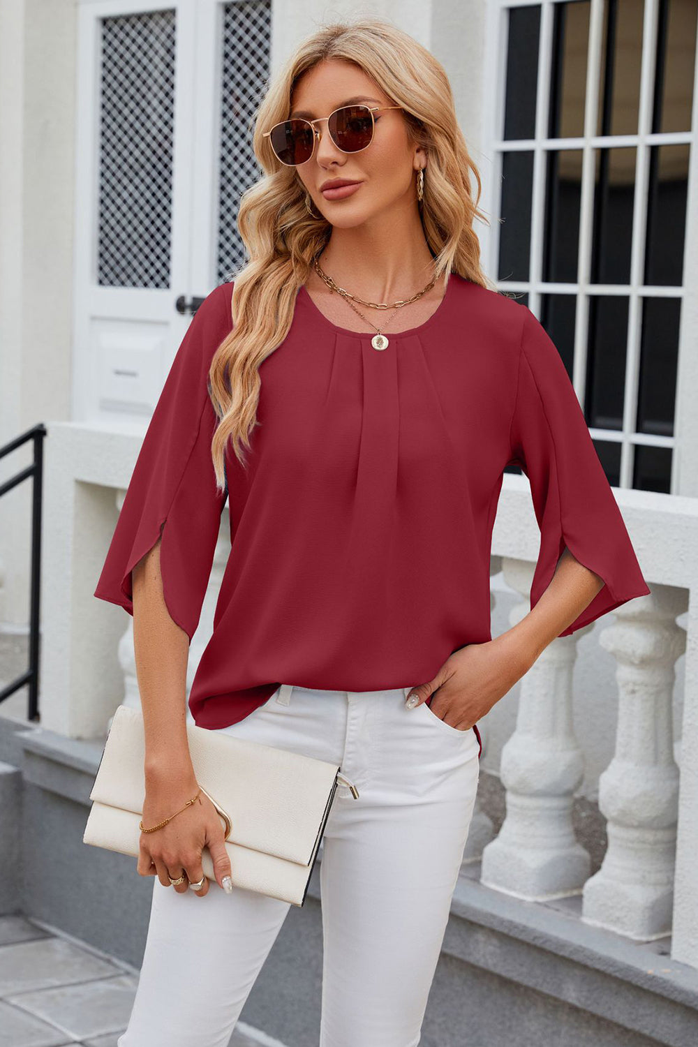 Round Neck Slit Half Sleeve Top-Angel Casuals