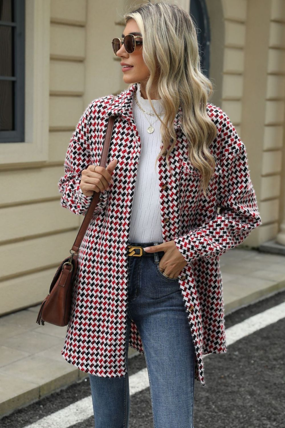 Houndstooth Button Up Dropped Shoulder Coat-Angel Casuals