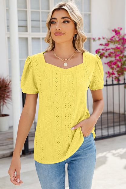 Eyelet Puff Sleeve T-Shirt-Angel Casuals