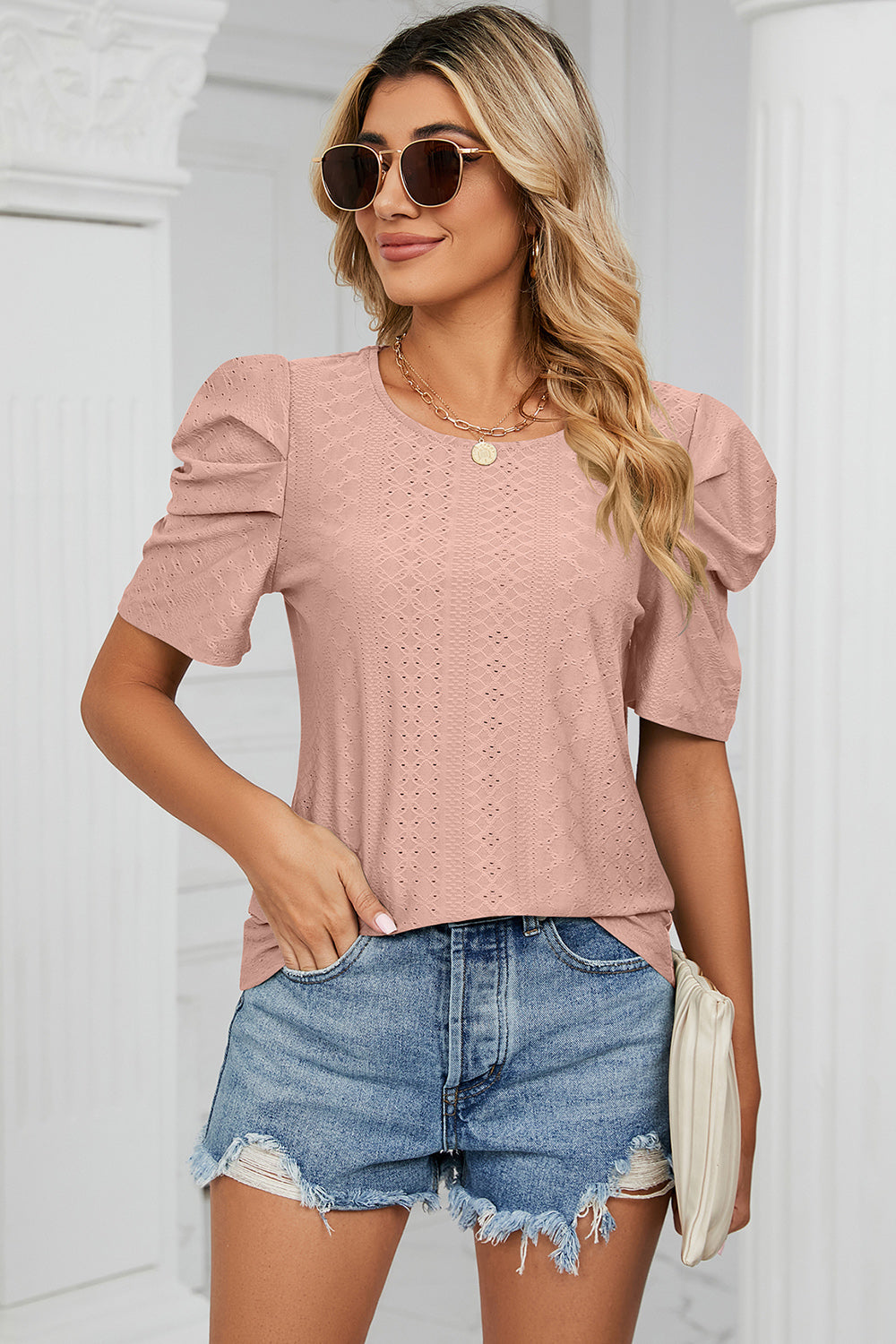 Eyelet Round Neck Puff Sleeve T-Shirt-Angel Casuals