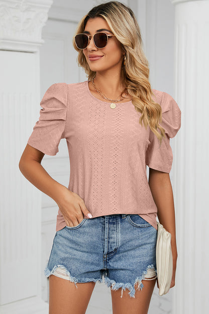 Eyelet Round Neck Puff Sleeve T-Shirt-Angel Casuals