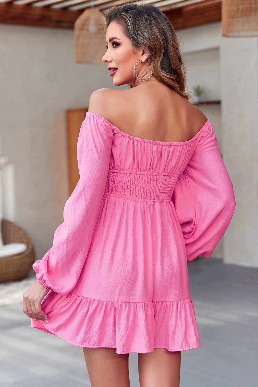 Smocked Balloon Sleeve Off-Shoulder Mini Dress-Angel Casuals