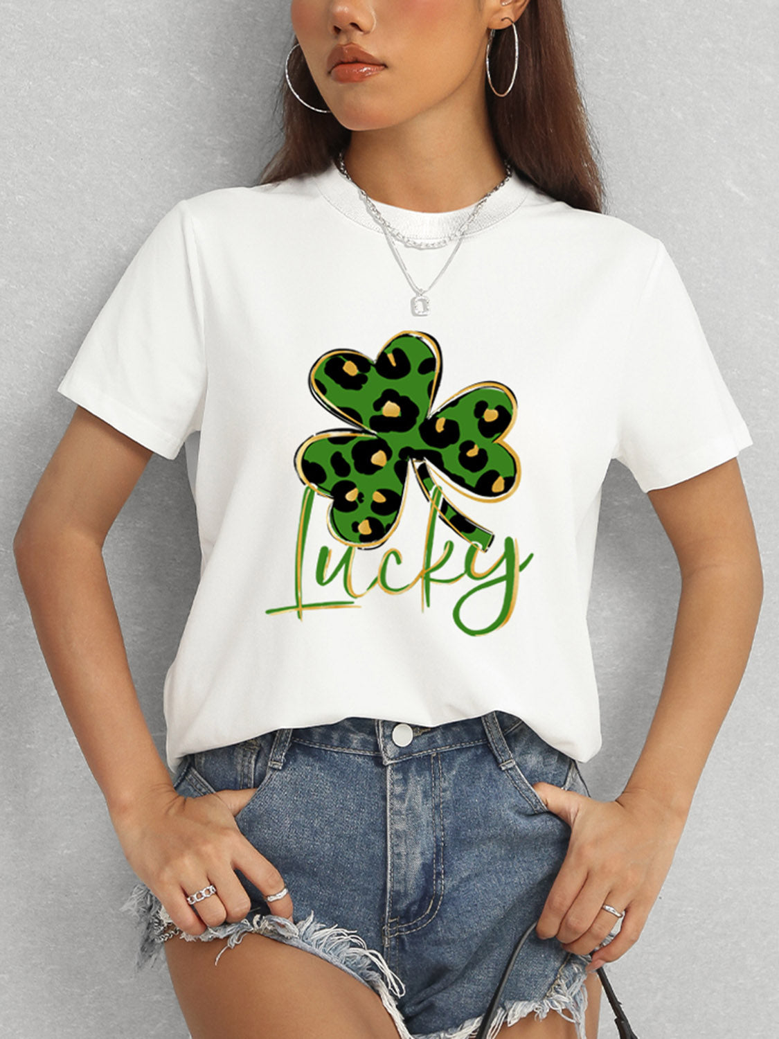 Lucky Clover Round Neck Short Sleeve T-Shirt-Angel Casuals