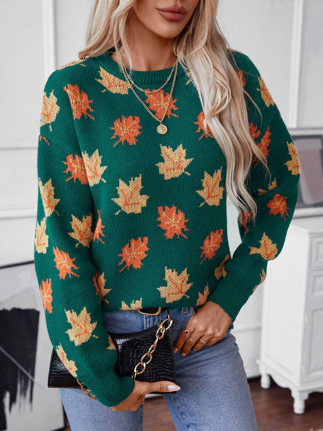 Maple Leaf Round Neck Long Sleeve Sweater-Angel Casuals