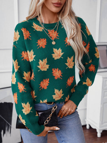 Maple Leaf Round Neck Long Sleeve Sweater-Angel Casuals