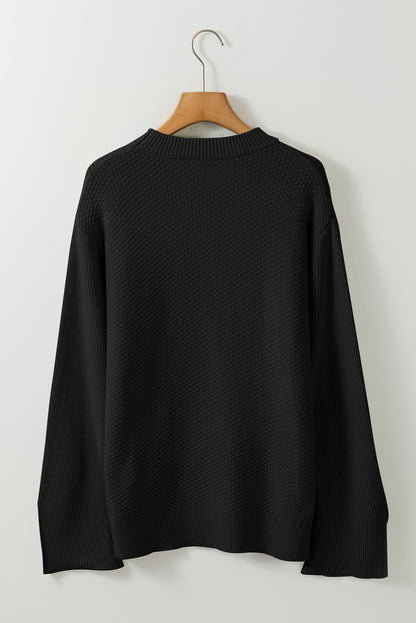 Slit Cuff Round Neck Long Sleeve Sweater-Angel Casuals