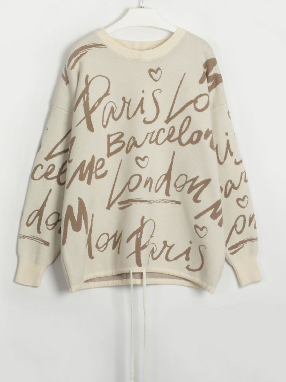 Drawstring Hem Letter Pattern Round Neck Dropped Shoulder Sweater-Angel Casuals