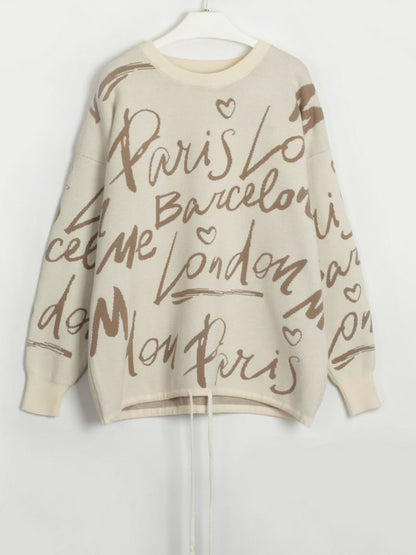 Drawstring Hem Letter Pattern Round Neck Dropped Shoulder Sweater-Angel Casuals
