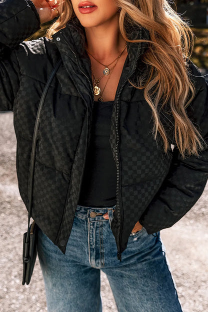 Checkered Turtleneck Zip Up Long Sleeve Winter Coat-Angel Casuals