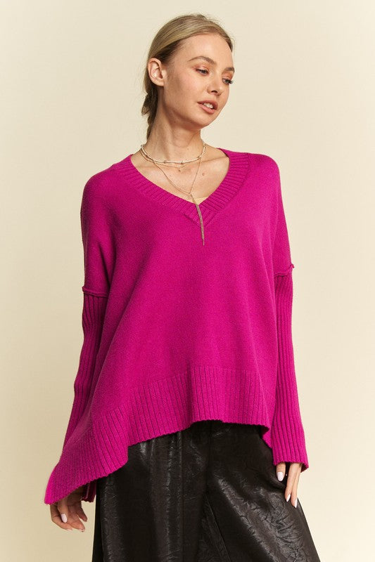 Davi & Dani Ribbed Side Slit V-Neck Sweater-Angel Casuals