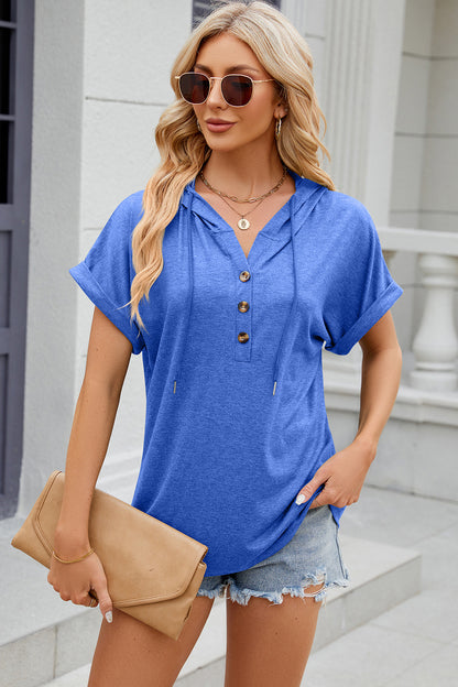 Half Button Drawstring Short Sleeve Hooded T-Shirt-Angel Casuals