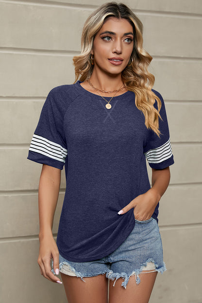 Striped Round Neck Short Sleeve T-Shirt-Angel Casuals