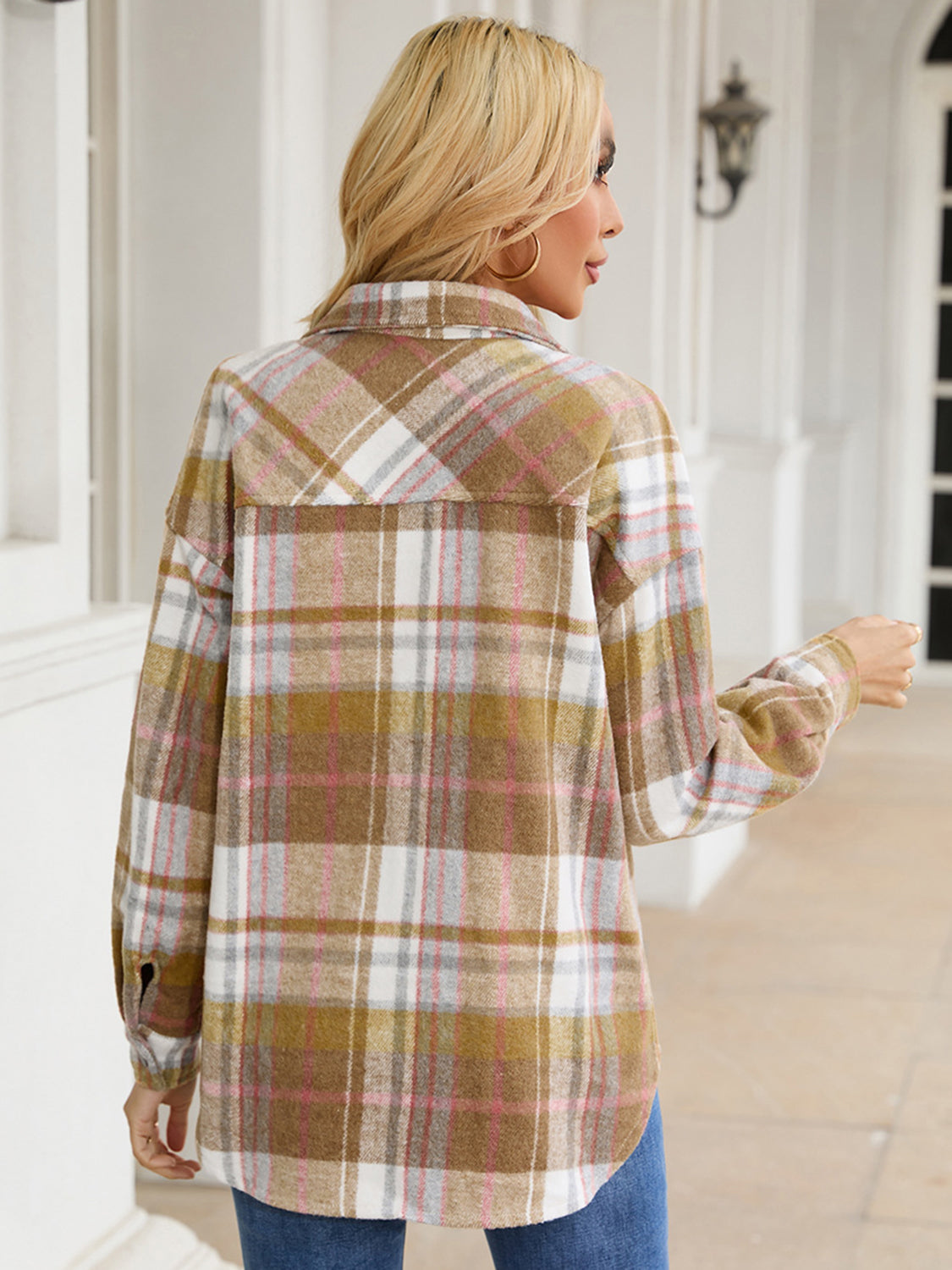 Snap Up Plaid Collared Neck Jacket with Pocket-Angel Casuals