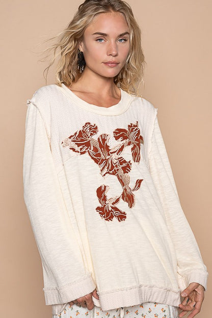 POL Embroidered Round Neck Long Sleeve Knit Top-Angel Casuals