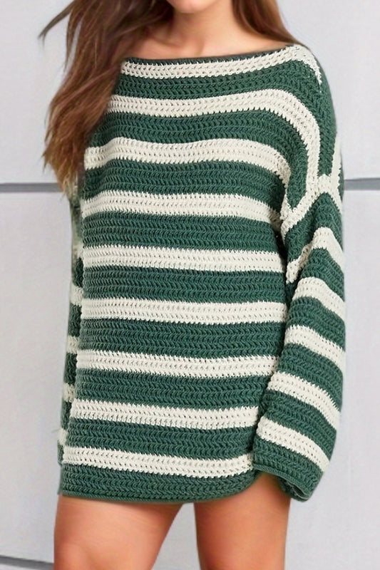 Striped Round Neck Dropped Shoulder Sweater-Angel Casuals