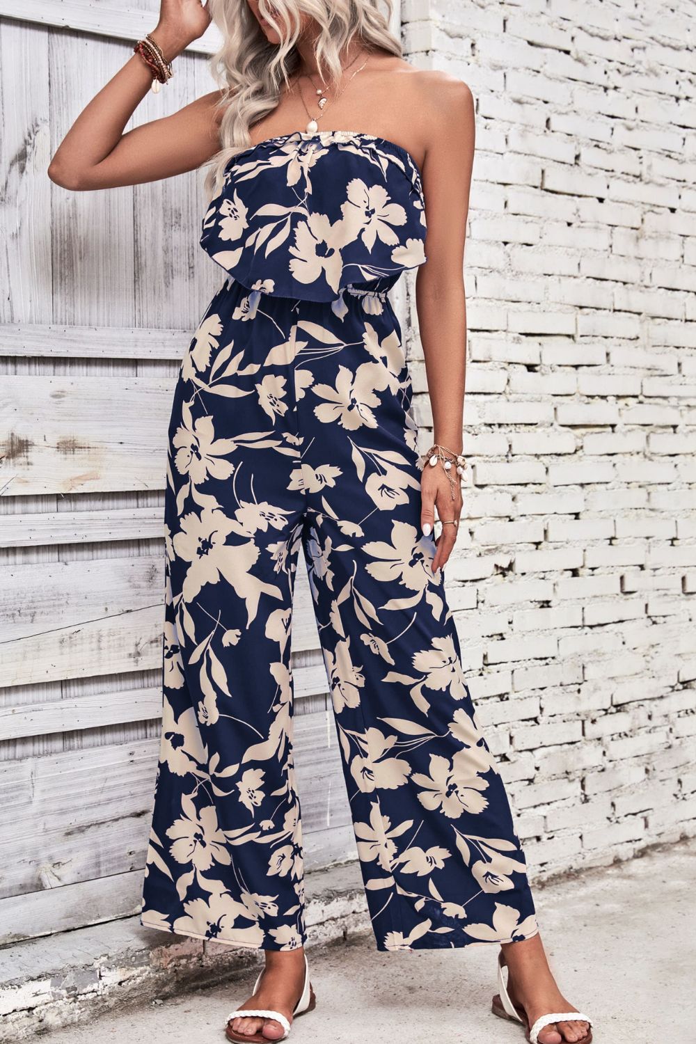 Floral Strapless Wide Leg Jumpsuit-Angel Casuals