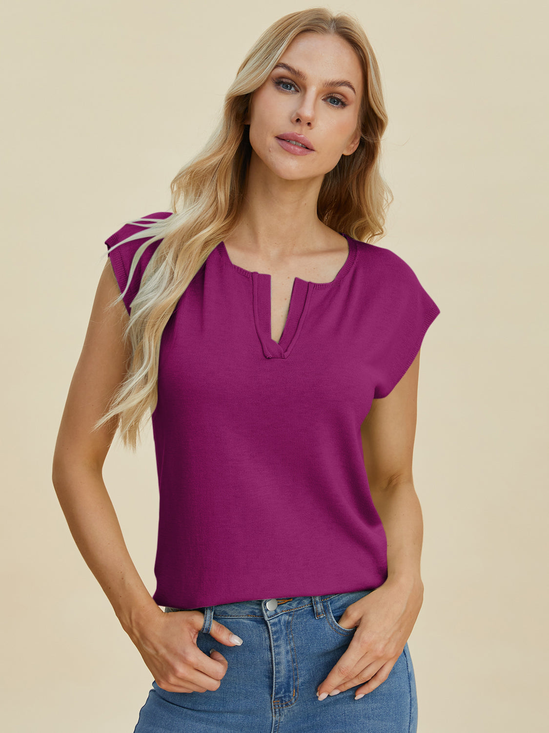 Double Take Full Size Notched Cap Sleeve Knit Top-Angel Casuals