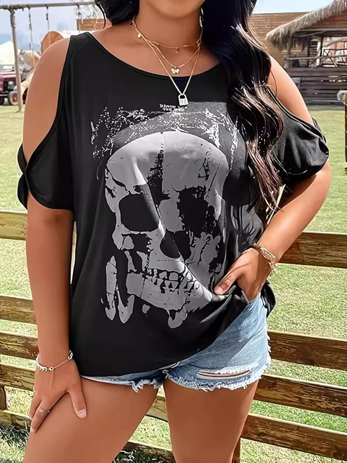 Plus Size Skeleton Graphic Round Neck Cold Shoulder T-Shirt-Angel Casuals