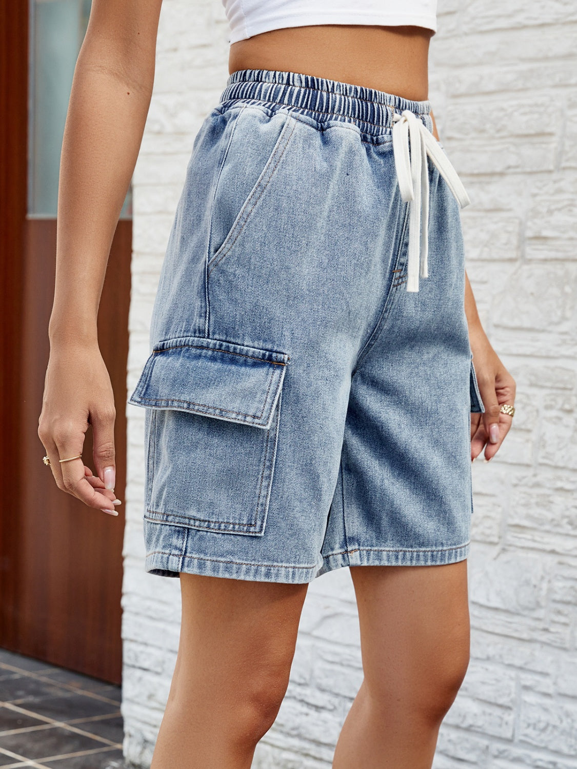 Drawstring Denim Shorts with Pockets-Angel Casuals