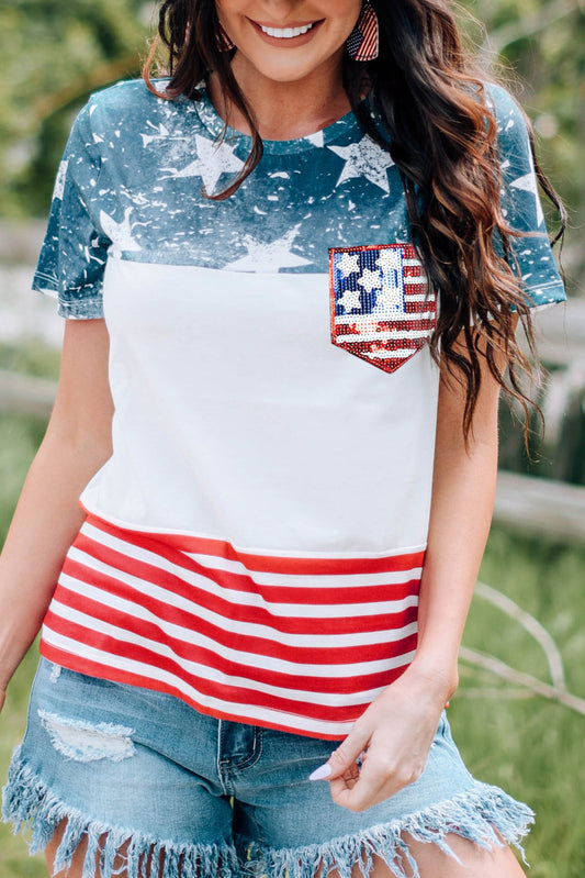 US Flag Round Neck Short Sleeve T-Shirt-Angel Casuals