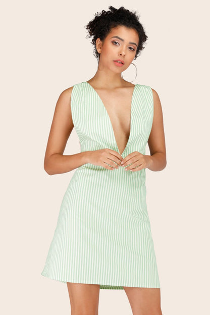 Striped Crisscross Deep V Sleeveless Dress-Angel Casuals