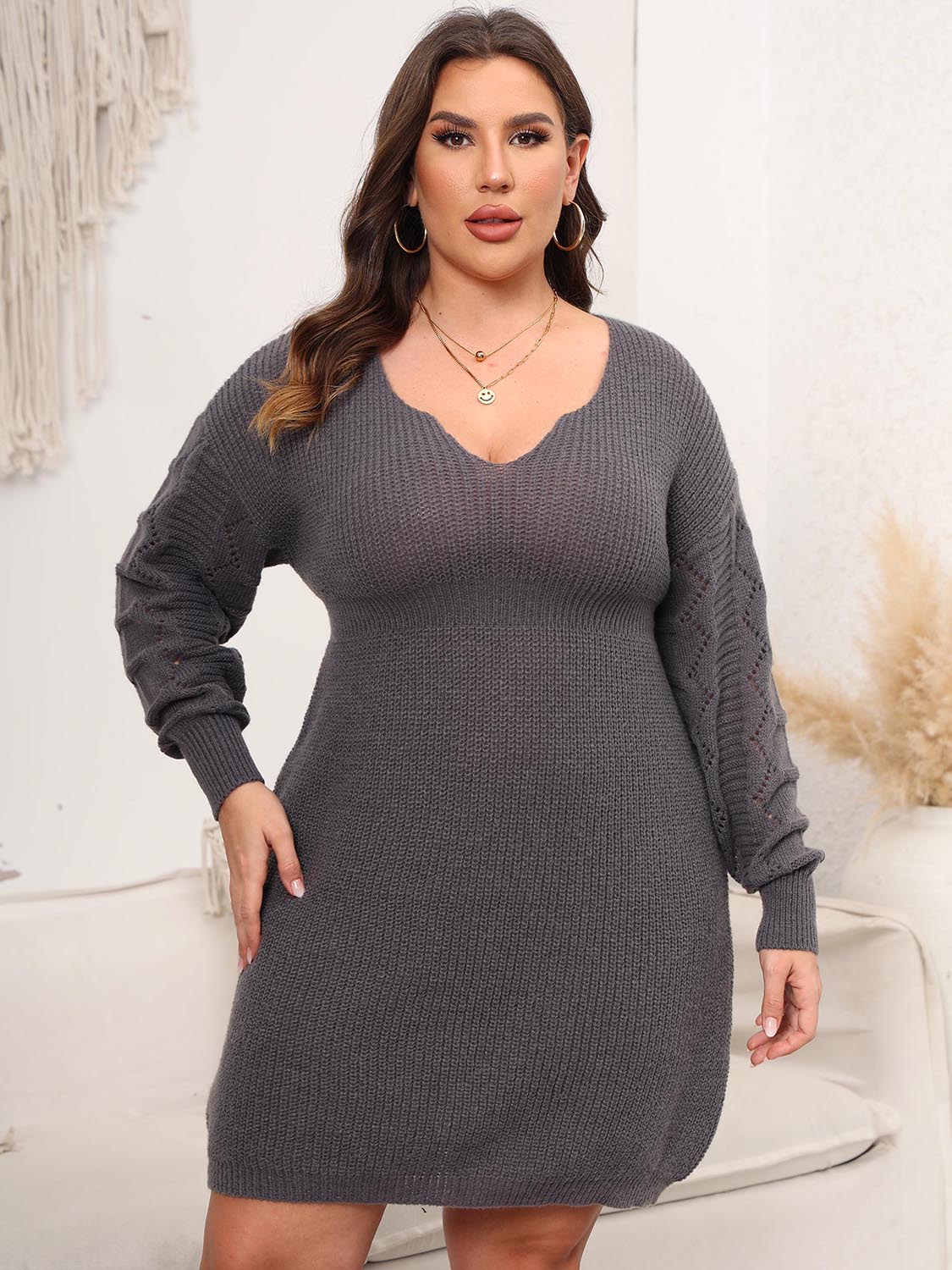Plus Size Dropped Shoulder Long Sleeve Knit Mini Dress-Angel Casuals