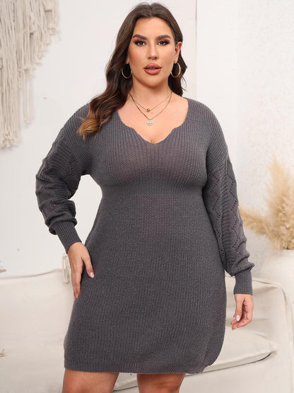 Plus Size Dropped Shoulder Long Sleeve Knit Mini Dress-Angel Casuals