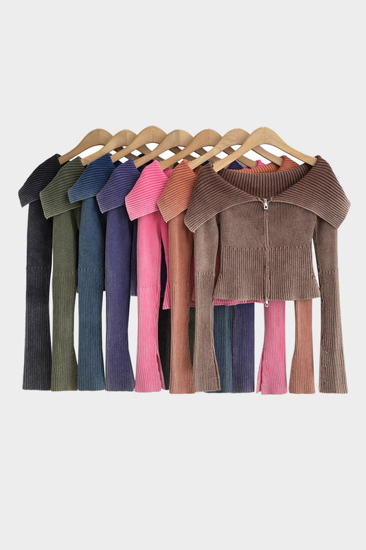 Double Take Ribbed Off-Shoulder Zip Up Long Sleeve Cardigan-Angel Casuals