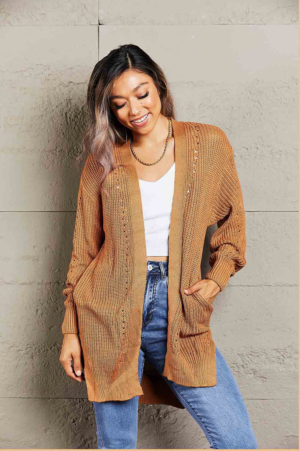 Woven Right Openwork Rib-Knit Slit Cardigan-Angel Casuals