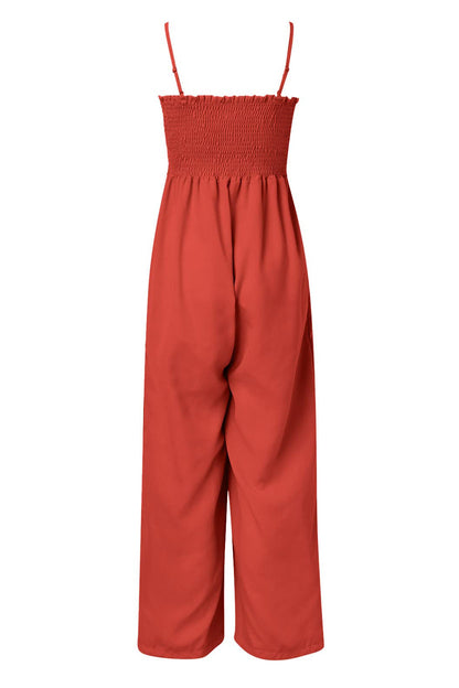 Smocked Spaghetti Strap Wide Leg Jumpsuit-Angel Casuals