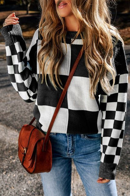 Checkered Round Neck Drop Shoulder Sweater-Angel Casuals