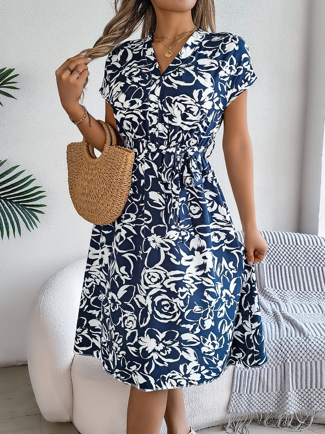 Printed V-Neck Short Sleeve Dress-Angel Casuals