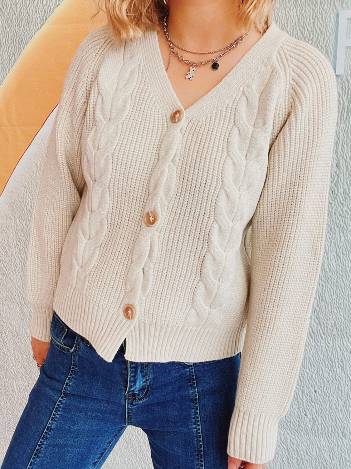 Cable-Knit V-Neck Button Down Long Sleeve Cardigan-Angel Casuals