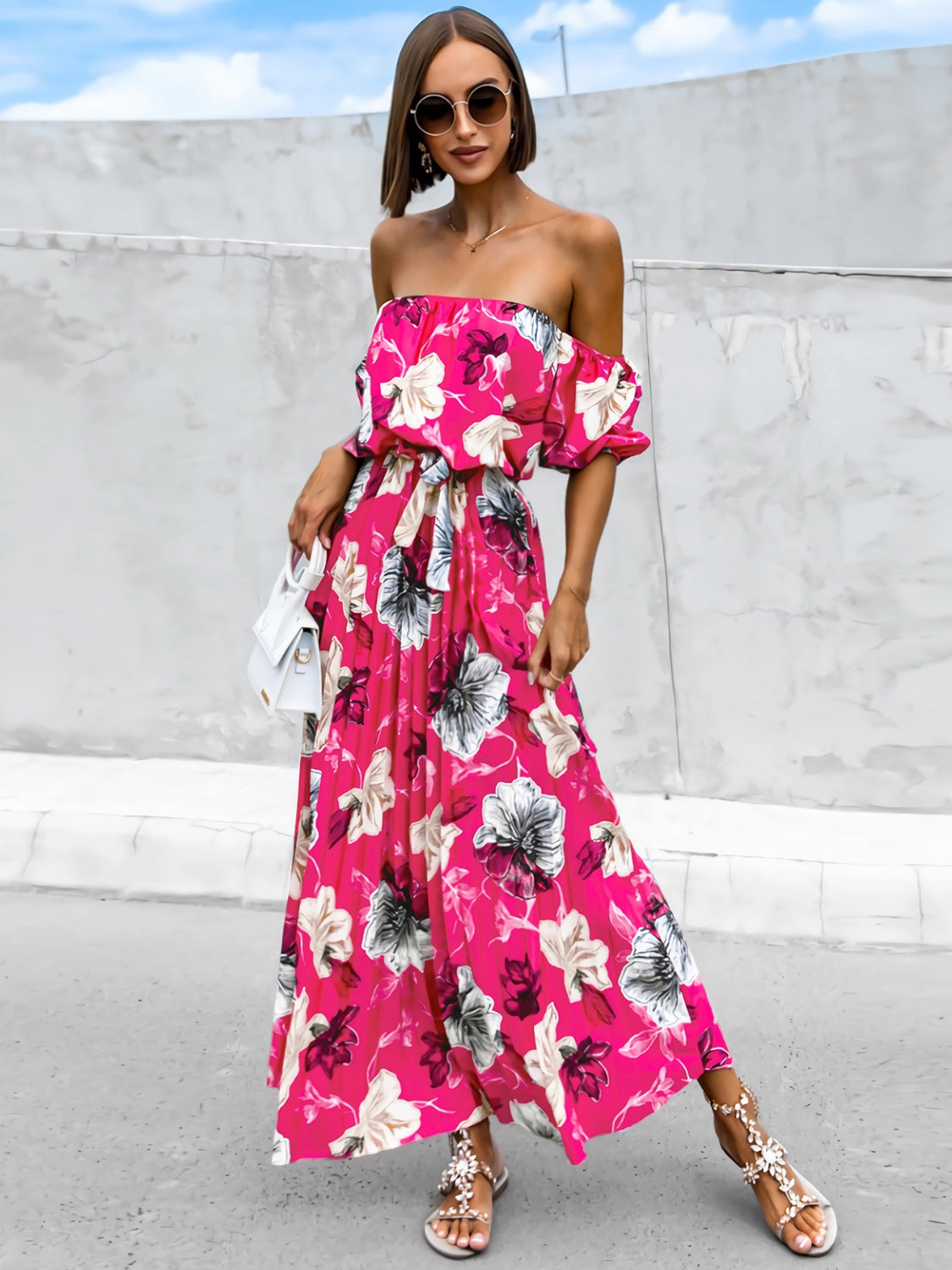 Pleated Floral Off-Shoulder Short Sleeve Midi Dress-Angel Casuals