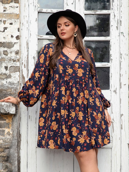 Plus Size Floral V-Neck Balloon Sleeve Dress-Angel Casuals